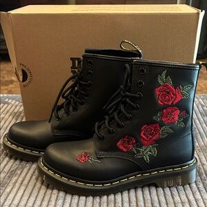 Dr. Martens Black Leather Lace-Up Boots with Red Rose Embroidery